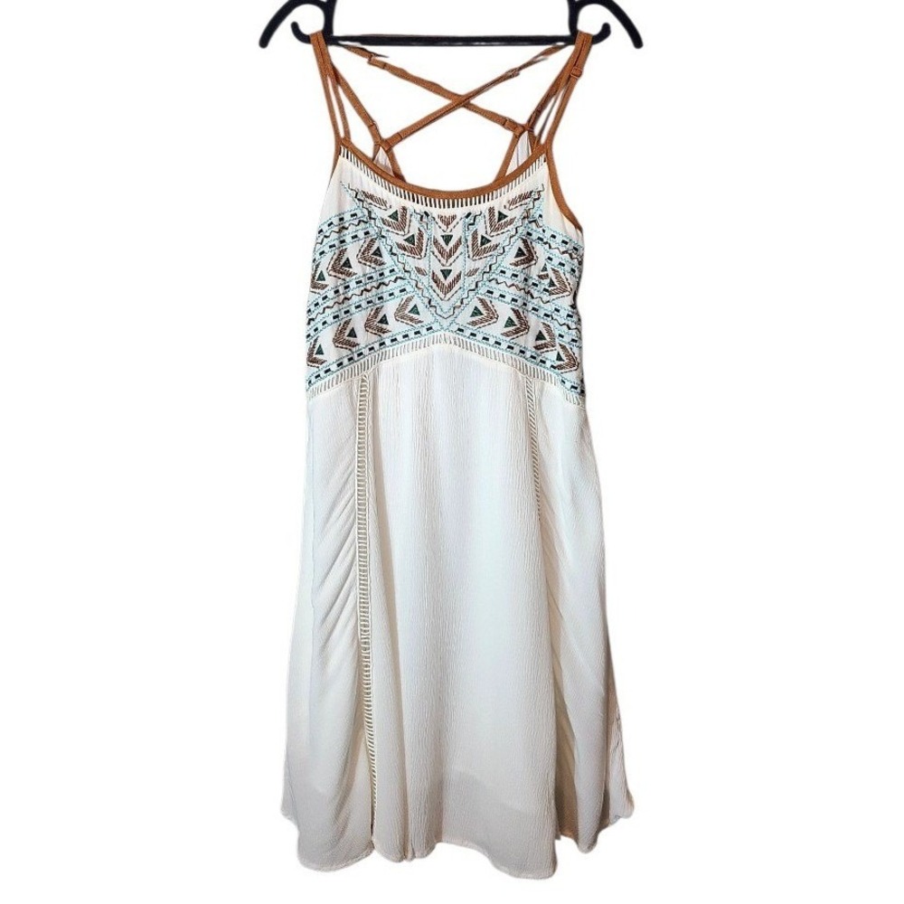 Miss Me Beaded Linen Blend Ivory White Dress Women's Size S Festival